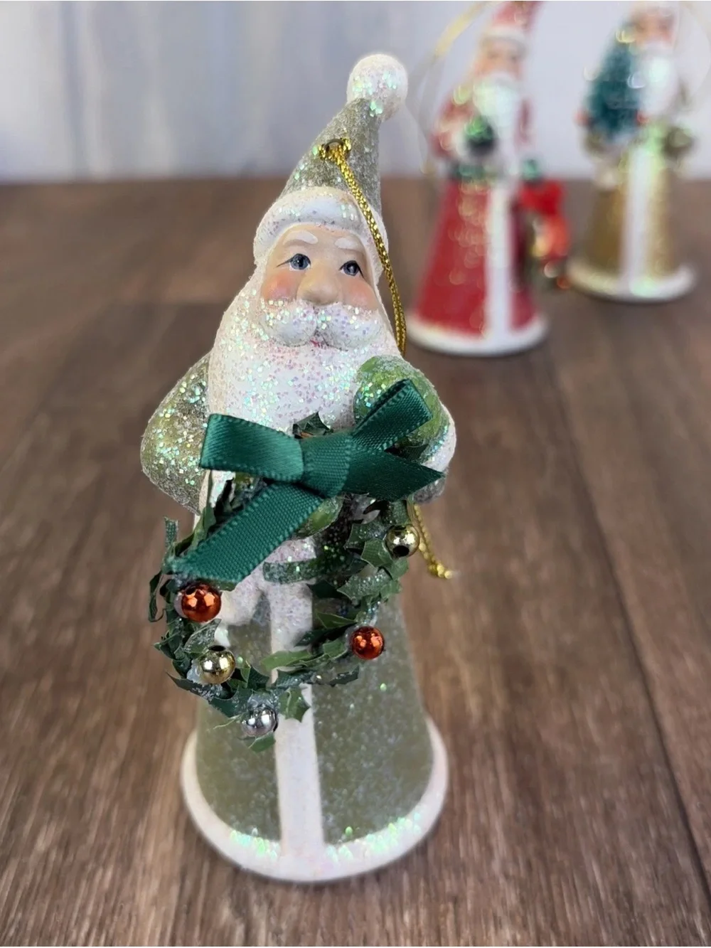 Lot of 3 Ceramic Santa Ornaments Shelf Sitters Red White Gold Glitter Sparkles